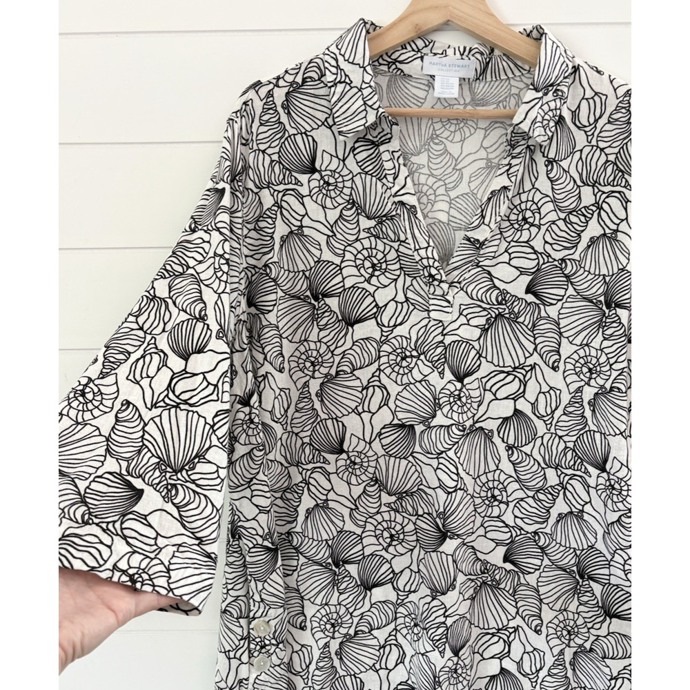 Martha Stewart 2X Linen Blend Seashell Print Popover Tunic Blouse Beach Coastal - Picture 7 of 12